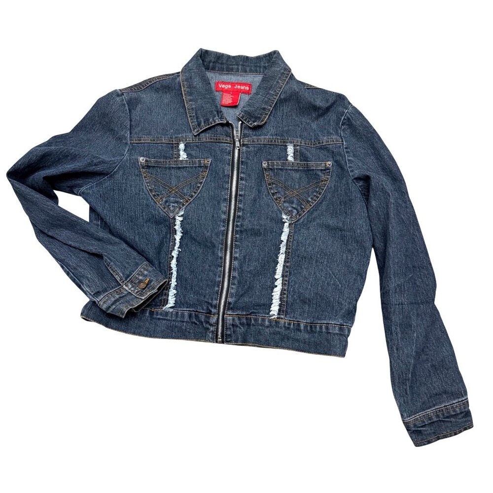 Vega Jeans Women's Crop Denim Jacket L Blue Zip Front Frayed Collared Streetwear
